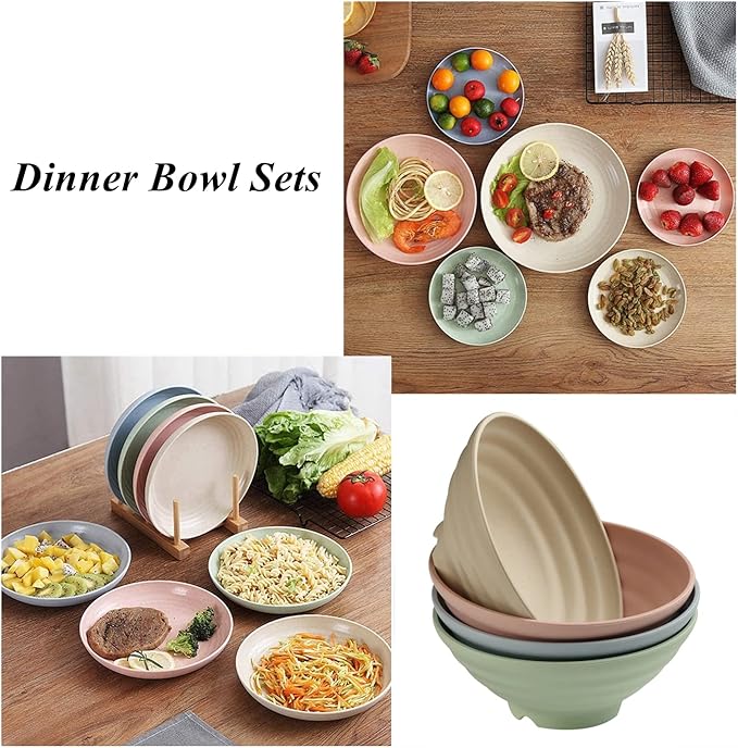 WANBY Lightweight Wheat Straw Cereal Bowls Unbreakable Dinner Dishes Bowl Set Dishwasher & Microwave Safe (4 Pack 34Oz)