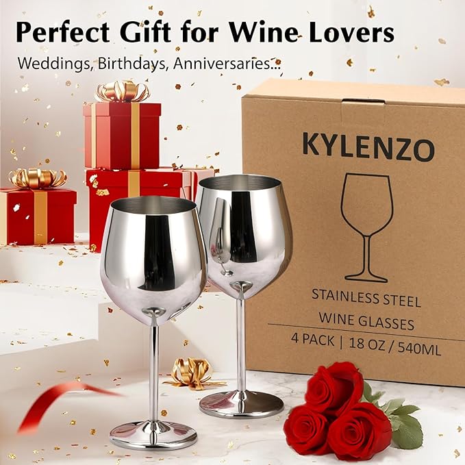 Stainless Steel Wine Glasses Set of 4, 18oz Silver Unbreakable Goblets - Outdoor Metal Cups for Travel, Camping, Pool Parties