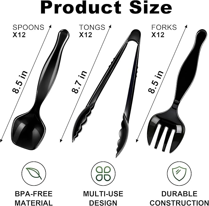 36Pcs Disposable Plastic Serving Utensils Set, 12 Black Spoons, 12 Forks, 12 Tongs, 9-Inch for Party Buffet Catering Events, Heavy Duty and Ergonomic Design (Black-1)