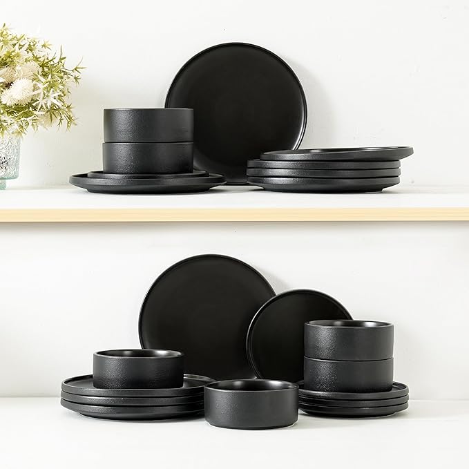 24 Piece Ceramic Dinnerware Set for 8, Modern Minimalist Stoneware Dinner Plates and Bowls, Microwave Safe, Dishwasher Safe, Versatile for All Seasons, Matte Black