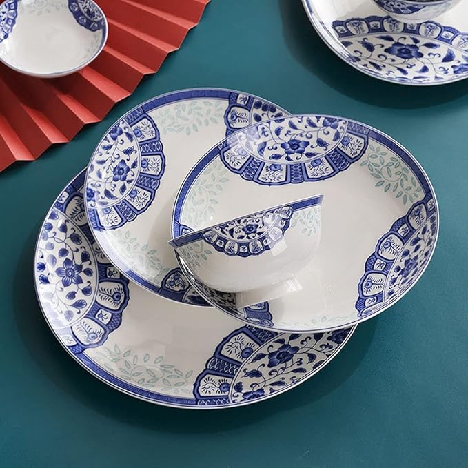 Creativity Ceramic Dinner Plate Sets, 58 Piece Dinnerware Set Service for 6-8, Blue and White Pattern Bone China Bowls and Dish Set