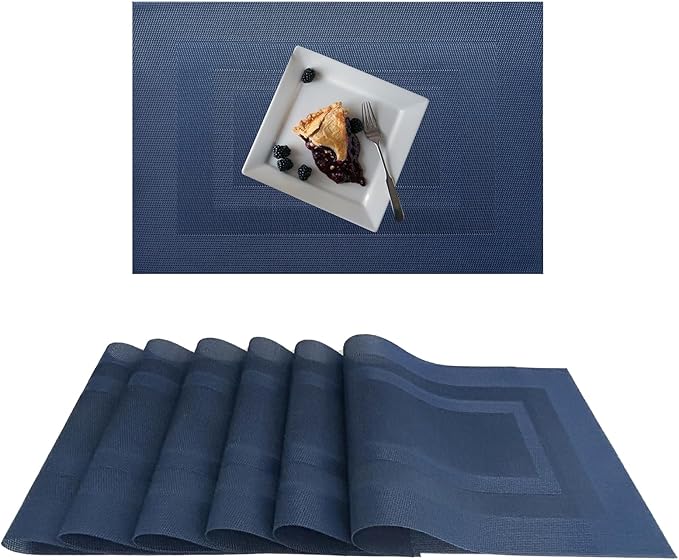 Placemats,PlasticVinyl Washable Heat-Resistant Durable PVC Non-Slip Woven for Kitchen Dining Table Mats (Blue-Midnight, Set of 6)