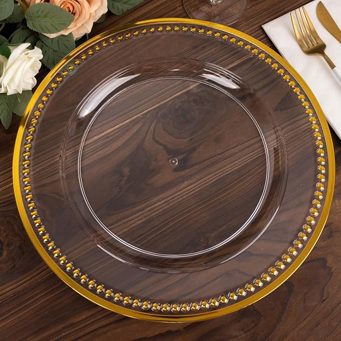 13" Charger Plates -Set of 12 - Acrylic Clear/Gold Round Beaded Disposable Chargers, Ideal for Dinner Party Wedding Bulk Events Tabletop Decoration