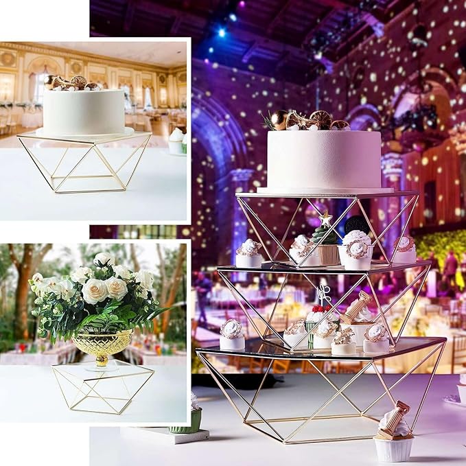 Efavormart Set of 3 Metal Geometric Cake Stand Gold Cake Riser with Glass Top Glossy Metallic Finish for Dessert Cupcake Pastry Candy Display Plate Event, Birthday Party