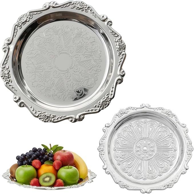 2 pcs Silver Platter, Silver Platter Tray, 8-Inch and 3-Inch Decorative Set, Alloy Metal Serving Dish for Food Display and Home Decor