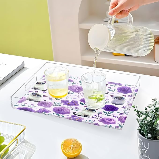 Serving Tray with Handles Clear Acrylic Tray 12x16 Inch Decorative Rectangular Tray Organizer for Ottoman Coffee Table Bathroom Purple Floral Cute Cats