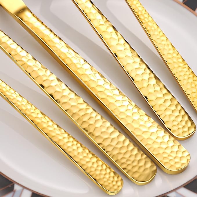 Hammered Silverware Set, 30 Pieces Flatware Set Service for 6, Mirror Polished Cutlery Utensil Set Include Fork Knife Spoon Set Dishwasher Safe, Premium Stainless Steel (Gold-30)