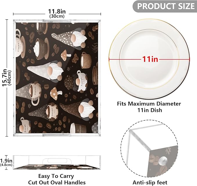 Serving Tray with Handles Clear Acrylic Tray 12x16 Inch Decorative Rectangular Tray Organizer for Ottoman Coffee Table Bathroom Brown Gnomes Coffee Beans
