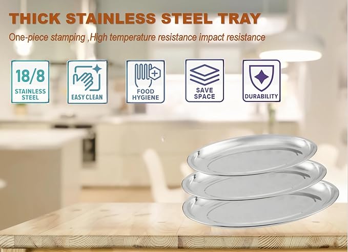18/8 Stainless Steel Oval Platter,3 Pack Large Oval Steaming Fish Plates,Reusable Polish Metal Serving Trays for Kitchen BBQ, Snack,Salad,Appetizer,Fruit,Dishwasher &Oven Safe,Sliver