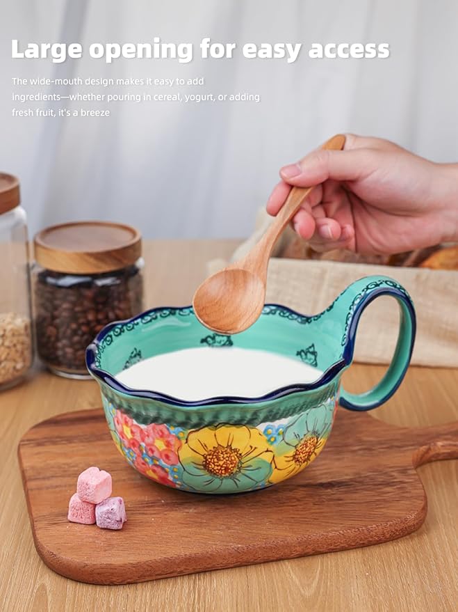 silesia Handmade Ceramic Soup Bowl, 30 oz Hand Painted Bowl with Loop Handle, Floral Design Cereal Bowl for Soup, Ice cream, Snack, Microwave & Dishwasher Safe (Flowers Green)