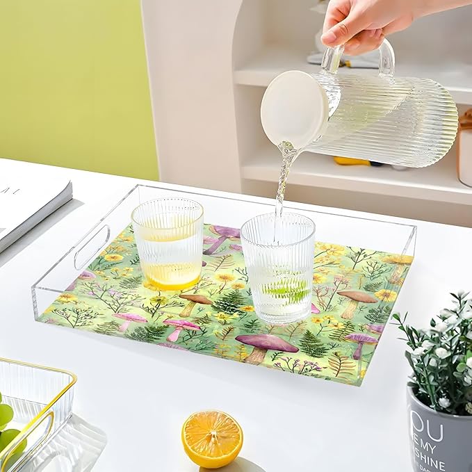 Serving Tray with Handles Clear Acrylic Tray 12x16 Inch Decorative Rectangular Tray Organizer for Ottoman Coffee Table Bathroom Watercolor Mushrooms Green