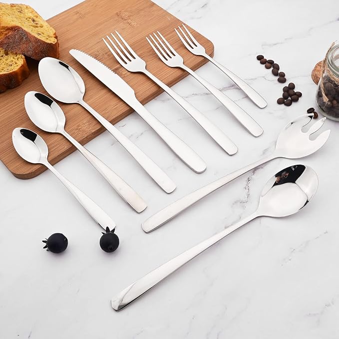 36pcs 304 Stainless Steel Silverware Set with Salad Forks and Salad Spoon, Elegant Utensils Cutlery Set, Mirror Serving Flatware Set, Service for 4, Dishwasher Safe