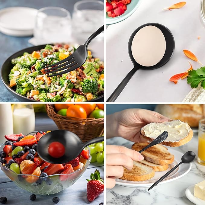 5-Piece Matte Black Stainless Steel Serving Utensils Set - Large and Slotted Spoons, Fork, Sugar Spoon, Butter Knife - Dishwasher Safe