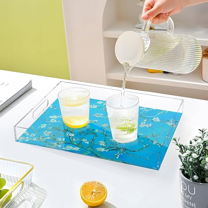 Serving Tray with Handles Clear Acrylic Tray 12x16 Inch Decorative Rectangular Tray Organizer for Ottoman Coffee Table Bathroom Van Gogh Almond Blossoms Blue
