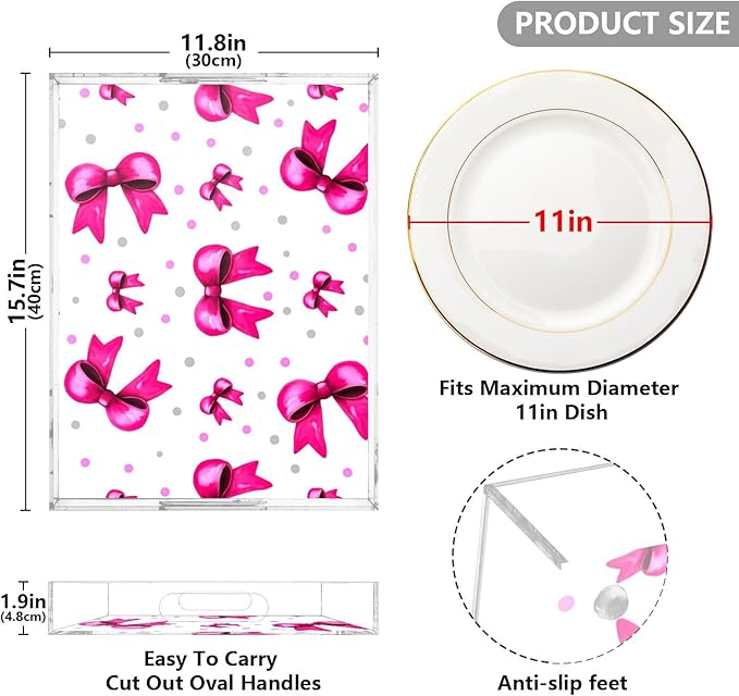 Spill Proof Acrylic Serving Tray, Countertop Organizer 16x12 Inch with Handles for Breakfast, Living Rooms, Coffee, Juice, Kitchen and Desk, (Rosy Bows and Silver Polka Dots)