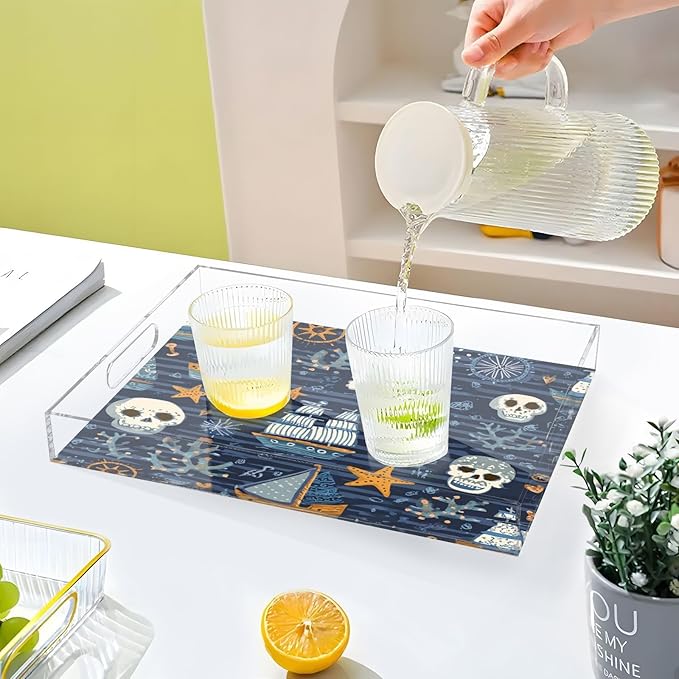 Serving Tray with Handles Clear Acrylic Tray 12x16 Inch Decorative Rectangular Tray Organizer for Ottoman Coffee Table Bathroom Blue Pirate Skulls Sailboats Starfish and Compass