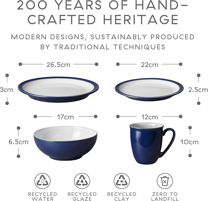 Denby - Elements Dark Blue Dinner Set For 1-4 Piece Ceramic Tableware - Dishwasher Microwave Safe Crockery Single Place Setting - 1 x Dinner Plate, 1 x Small Plate, 1 x Cereal Bowl, 1 x Coffee Mug