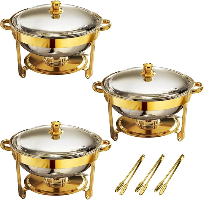 Gold Chafing Dishes for Buffet Set of 3, 5QT Round Chafing Dish Buffet Set, Chafer and Buffet Warmer Set, Stainless Steel Food Warmer for Parties Buffet, Party Food Warmer Buffet Set with Tongs