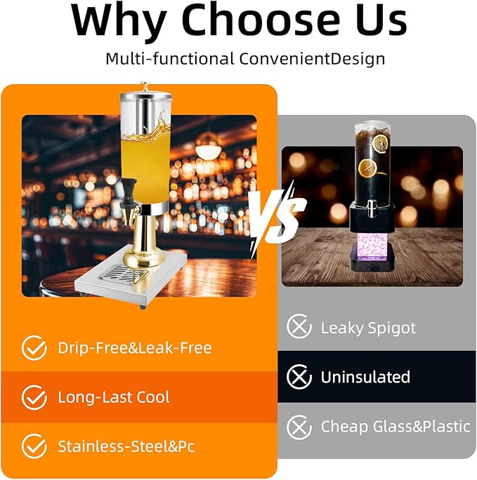 1 Gallon Commercial Beverage Dispenser with Centre Ice Core and Stand Drip Trays Stainless Steel Cold Drink Dispenser for Parties Pub Cafeteria Restaurant Home Hotel (gold, single head)
