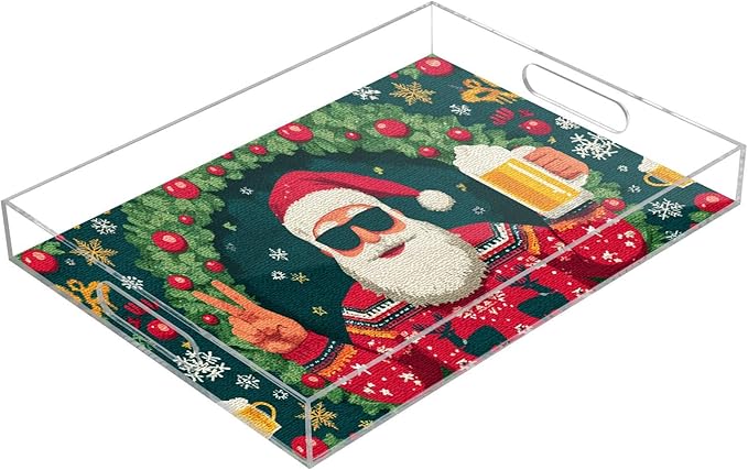 Serving Tray with Handles Clear Acrylic Tray 12x16 Inch Decorative Rectangular Tray Organizer for Ottoman Coffee Table Bathroom Christmas Santa Claus Snowflakes Green