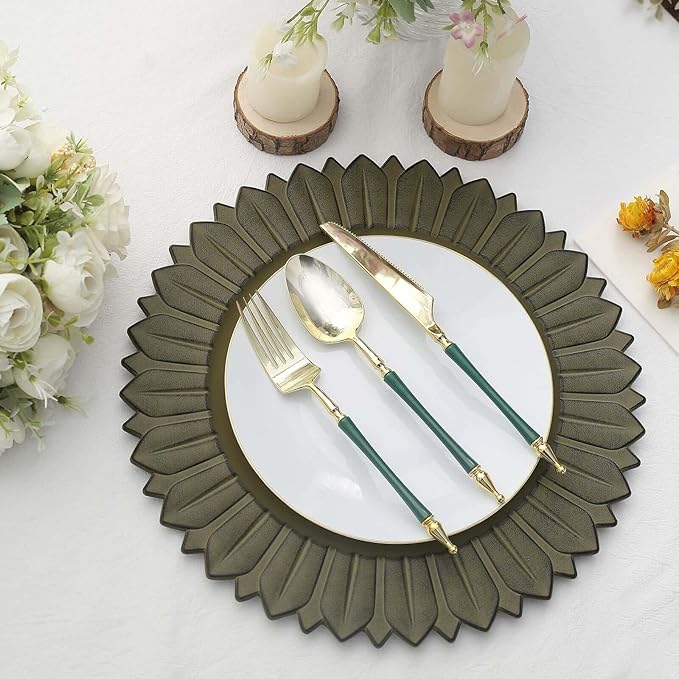13" Charger Plates - Set of 12 - Matte Olive Green Sunflower Plastic Chargers, Disposable Round Acrylic Serving Trays For Dinner Wedding Party Events
