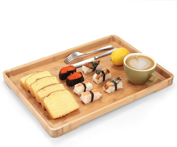 Bamber Large Bamboo Serving Tray Decorative Coffee Tea Platter 18 x 13 x 1.2 Inches