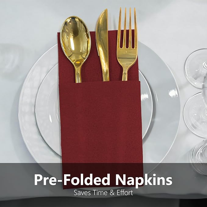 Burgundy Linen Feel Napkins with Flatware Pocket, 50 Pack Cloth Like Pre-Folded Napkins for Silverware, Guest Hand Towel for Dinner Party Wedding Decoration (16. x 15.5 inch)