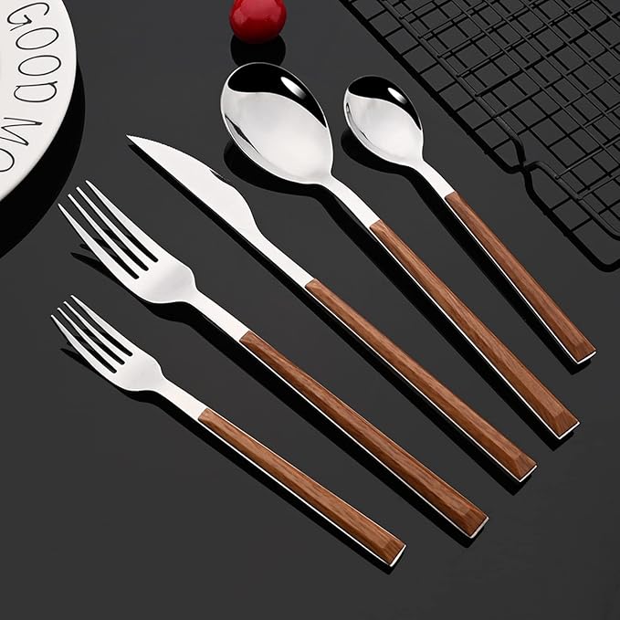JASHII Silver Stainless Steel Cutlery Sets of 4, with Wooden Wide Square Handles, Dinner Spoons, Knife and Fork Set, Flatware Set Tableware Dinnerware, 20 pieces
