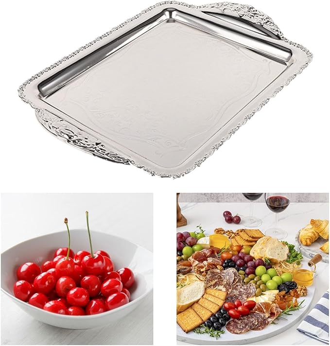 Decorative Fruit Tray Serving Platter Handcrafted Wearproof Drop Resistant Rectangle Plate Fruit Plate for Home Restaurant, Silver, Large