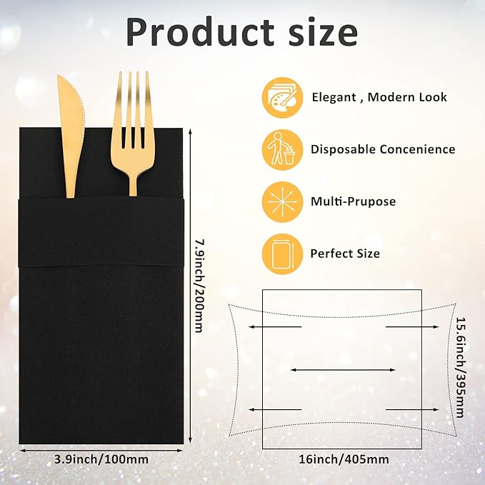 Cindeer 150 Pcs Black Linen Dinner Feel Napkins with Built in Flatware Pocket Prefolded Paper Disposable Airlaid Guest Hand Towel for Silverware Wedding Reception Christmas Baby Shower