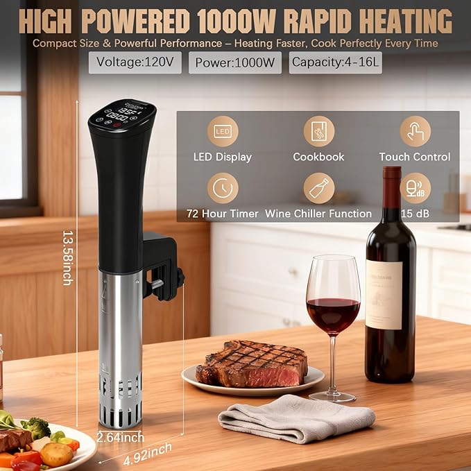 Sous Vide Cooker, Wine Chiller, 1000W, Immersion Circulator Sous Vide Machine, Suvee Cooker with Accurate Temperature & Timer, Fast Heating, Cookbook, Easy to Store, Home Kitchen Use