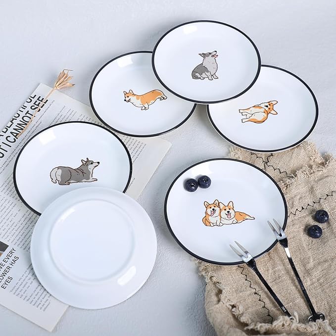 Cute Cartoon Animals Pattern Ceramic Sauce Dishes, Seasoning Dishes, Sushi Soy Dipping Bowls, Appetizer Plates, Dessert Plates, Little Cat Bird Feeding Bowls, Set of 6-Corgi-A-5 Inch