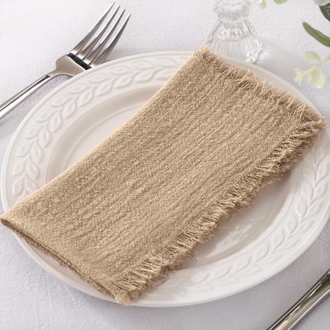 Socomi Set of 12 Linen Napkins Caramel Easter Spring Cloth Napkins Washable Fringe 17"x17" for Wedding Party Bridal Baby Shower Birthday Table Decorations