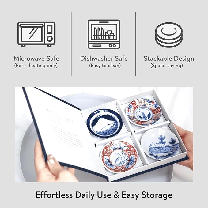 Dinosaur Soy Sauce Dish Set of 4, 3.5 inch Japanese Porcelain Mini Plates for Dipping, Sushi & Condiments, Mino Ware, Crafted in Japan, Gift Boxed, Microwave & Dishwasher Safe
