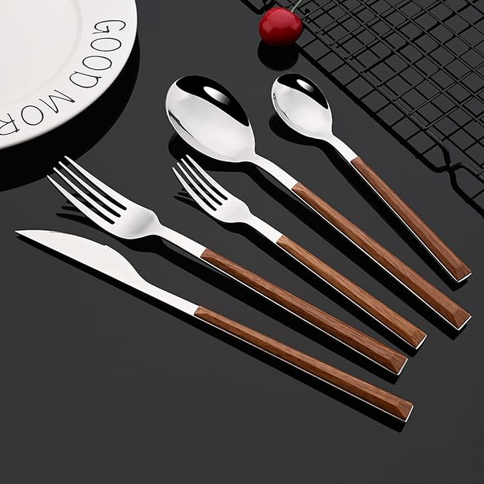 JASHII Silver Stainless Steel Cutlery Sets of 4, with Wooden Wide Square Handles, Dinner Spoons, Knife and Fork Set, Flatware Set Tableware Dinnerware, 20 pieces