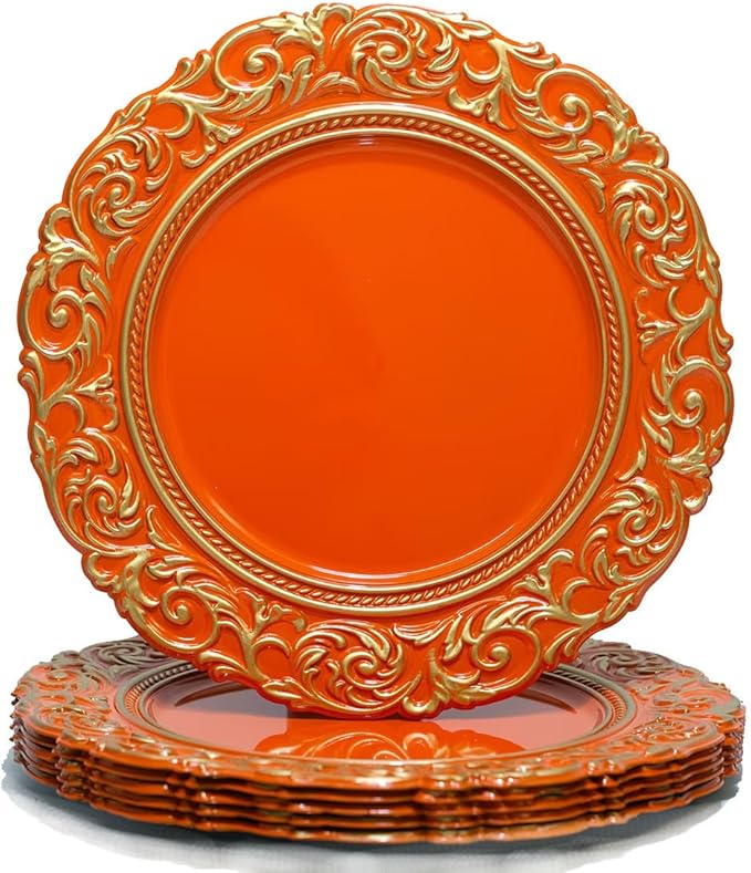 Orange Charger Plates with Gold Embossed Rim, 13 Inch Plastic Charger for Dinner, Party, Wedding, Table Setting. (Set of 6)