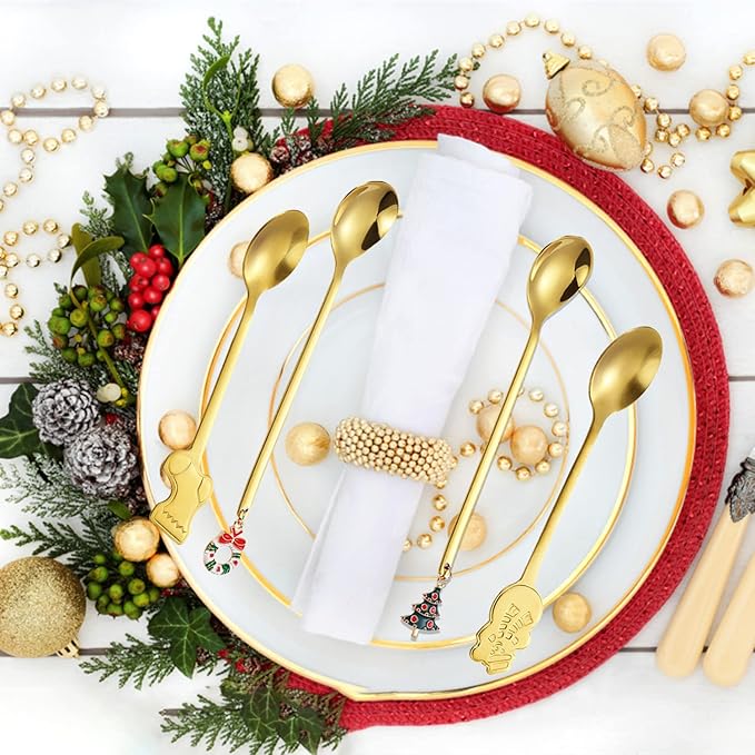 10 Pieces Christmas Stirring Spoons Stainless Steel Coffee Dessert Teaspoons Christmas Tableware Spoons for Xmas Party Table Decorations