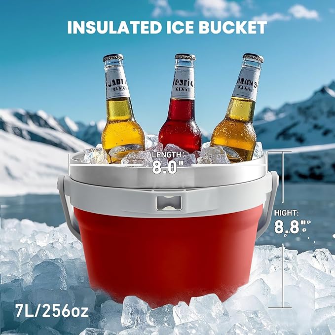 COKTIK 7L Vacuum Insulated Ice Bucket with Lid，Large Capacity Stainless Steel Beverage Bucket for Cocktail, Champagne, Wine, Beer，Large Parties（Red）