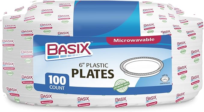 Basix 100 Count Disposable Plastic Plates Microwave Safe 6-Inch, White
