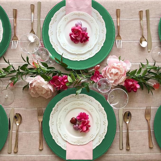 24 Pcs Green Dinner Plates, 13" Round Beaded Decorative Chargers for Wedding, Holiday, Baby Shower Events (Green)