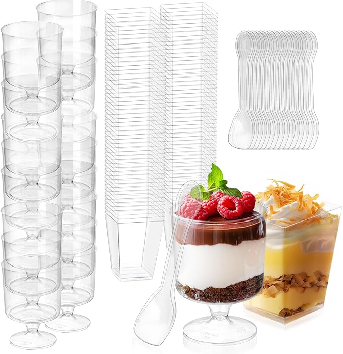 150 Dessert Cups with Spoons Sets, 5oz Mini Clear Plastic Disposable Parfait Cups, Small Serving Bowl for ice cream, Square Dessert Shot Glasses Round Goblets for Christmas Party (300pcs)
