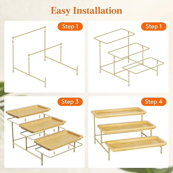 Lifewit 3 Tier Bamboo Serving Tray for Party Supplies, 12" x 6.5" Platters for Serving Food, Reusable Trays with Gold Metal Display Stand for Veggie, Fruit, Cookies, Dessert