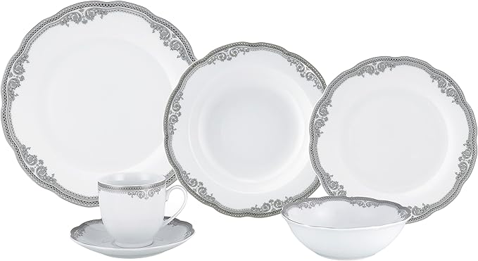 Lorren Home Trends Elizabeth-24 24 Piece Elizabeth Design Porcelain Wavy Edge Dinnerware Set, White