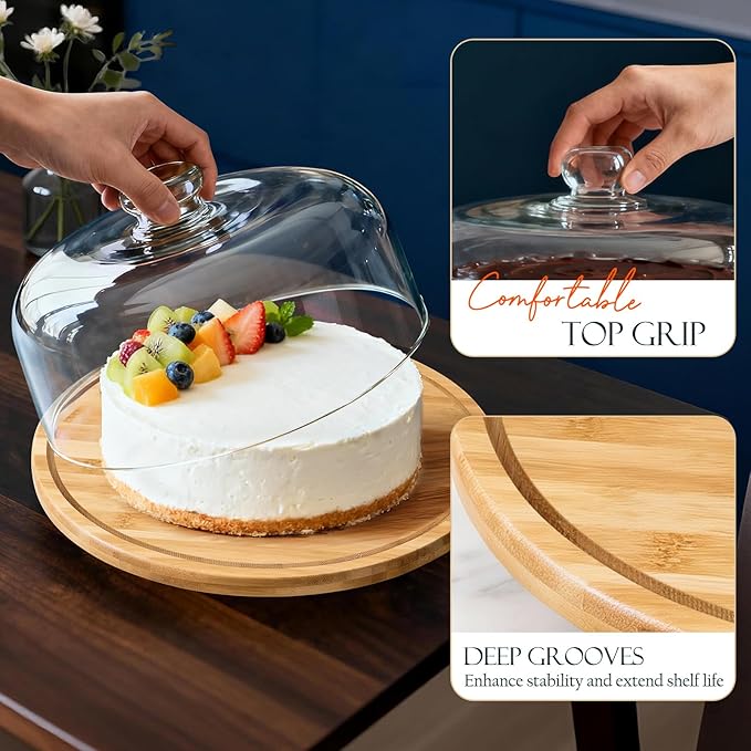 Masthome Bamboo Christmas Cake Stand with Lid, Rotating Cake Holder with Dome, Dessert Table Display Set with Clear Cover, BPA Free Cake Plate with Cover for Birthday/Kitchen/Party/Charcuterie