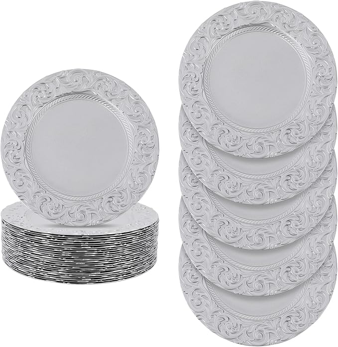 50 Pcs Antique Charger Plates Bulk Round Plastic Dinner Plate Embossed Rim Server Plate Decorative Chargers Floral Plates for Dinner Parties Wedding,13 Inch (silver-50pcs)