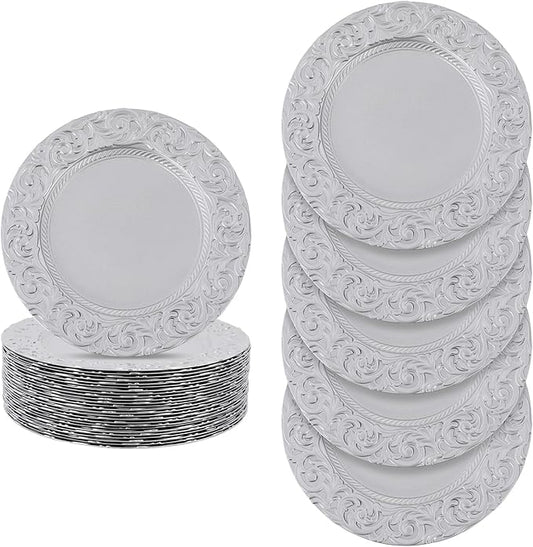 50 Pcs Antique Charger Plates Bulk 13" Round Floral Chargers for Dinner Plates, Silver Charger Plates for Wedding, Party, Elegant Tabletop Decor (Silver)