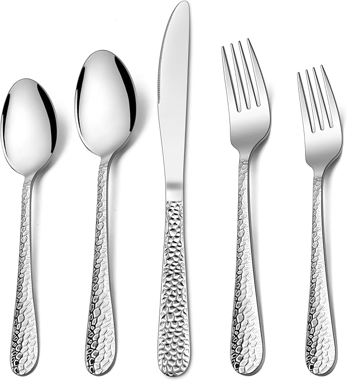 HaWare Hammered Silverware Set, 40-Piece Stainless Steel Flatware Set Serving for 8, Food-Grade Tableware Cutlery Set, Reusable Eating Utensil Sets for Home Restaurant, Mirror Polish, Dishwasher Safe