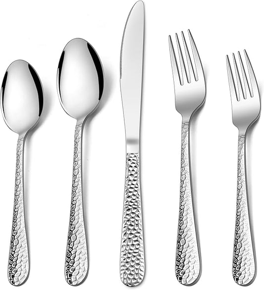 HaWare Hammered Silverware Set, 40-Piece Stainless Steel Flatware Set Serving for 8, Food-Grade Tableware Cutlery Set, Reusable Eating Utensil Sets for Home Restaurant, Mirror Polish, Dishwasher Safe