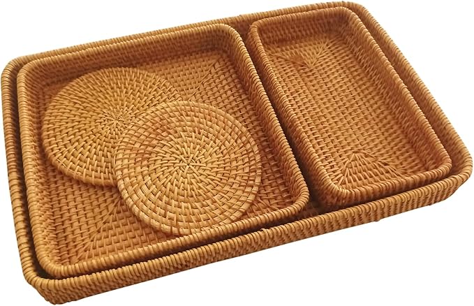 Rattan Tray Rectangle, Rattan Basket Set of 5, Wicker Decorative Serving Tray Fruit Baskets Food Serving Holders Woven Baskets for Storage Home Kitchen Restaurant Decor