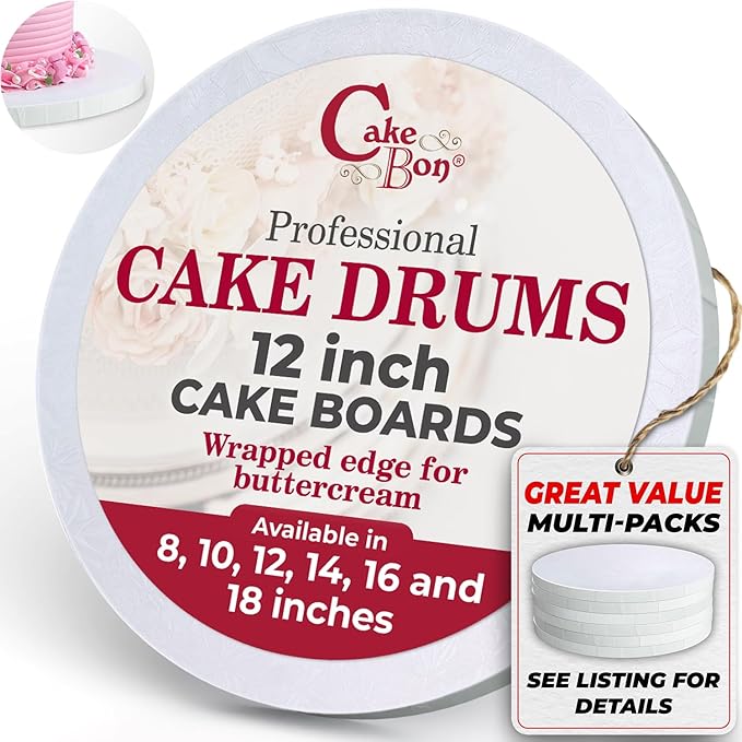 Cakebon Round Cake Boards - Sturdy 1/2 Thick Drums - 12 Inch Professional Fully Wrapped Edges White 3-Pack